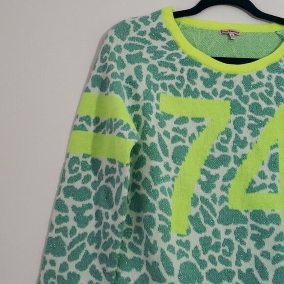 Juicy Couture Neon Green Animal Print Sparkly Metallic Sweater Laid Back Casual - Picture 3 of 7